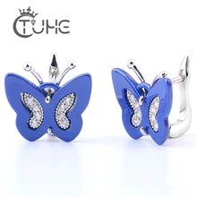 Индийский Подвески капельки в виде кристаллов из камней по Керамика Для женщин серьги элегантный Стиль для леди романтические Брендовые женские серьги в виде бабочек розового, синего и серебряного цвета