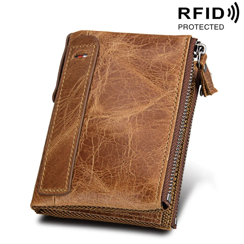 

RFID Double Zipper Men Wallets Genuine Cow Leather Card Holder High Quality Male Wallets Purse Vintage Coin Holder Men Wallets