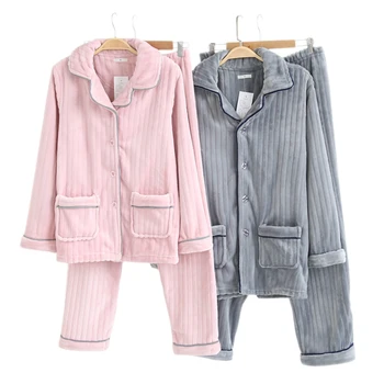 

Fashion thicken stripe flannel couple warm pajamas women and men simple elegance long-sleeve warmth couple pyjamas Winter