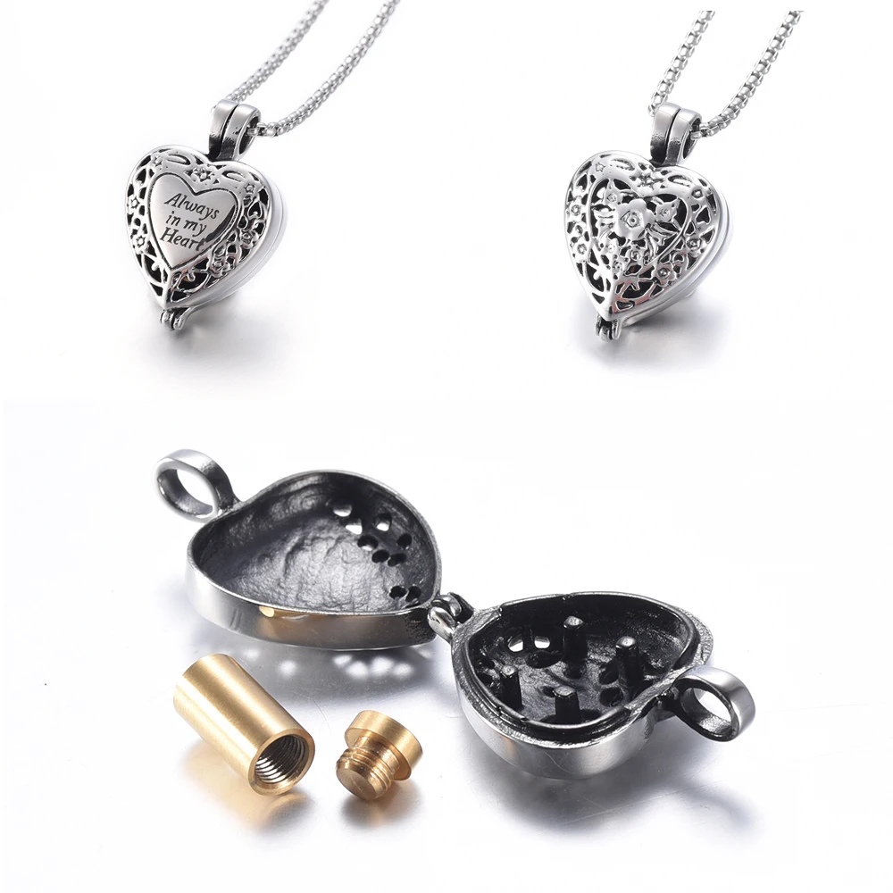 

Keepsake Gifts - Stainless Steel Cremation Locket Necklace Inside Golden Cylinder Urn Charm - Engraved "Always In My Heart"