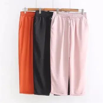 

Plus size 2018 spring pink & black & Rust red high waist pantalon femme elastic waist pants casual ankle-length trousers women