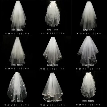 

Simple and Elegent Crystal Beaded Short Bridal Veils with Lace Appliques Velo da sposa