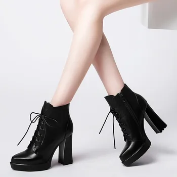 

PXELENA Celebrity Genuine Leather Ankle Boots Women Lace Up Chunky Block Square High Heels Dress Party Office Boots 2018