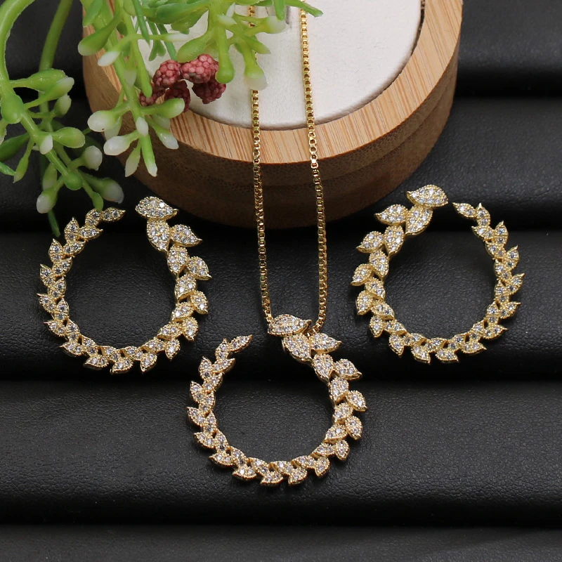 Lanyika ювелирный набор роскошный простой прекрасный лист Spica микро проложили циркониевое ожерелье кубической формы с сережками для помолвки свадебные подарки