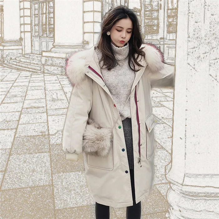 Женский пуховик зима белый утиный пух модные средней длины пальто Высокое качество большой меховой воротник женская верхняя одежда WIN946