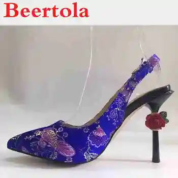 

New Suede Women's Pumps Rose Heels Pointed Toe Flowers Applique Slingbacks Shoes Women Slip On Wedding Party Buckle Ladies Shoes