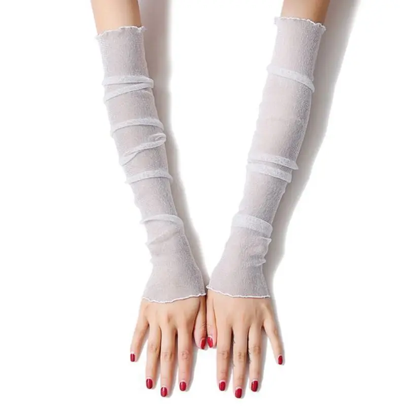 1 пара, 2 шт., женские ультра-тонкие прозрачные блестящие сетчатые длинные кружевные перчатки с металлическим мерцанием для рук с защитой от ультрафиолета, рукава с оборками - Цвет: AS SHOW
