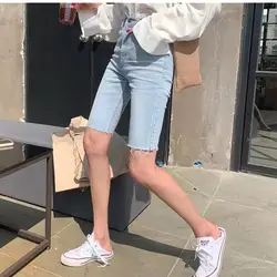 Лето 2019 г. для женщин высокая талия джинсовые шорты Тощий до колена эластичное джинсы для классические синие джинсы 0330-68