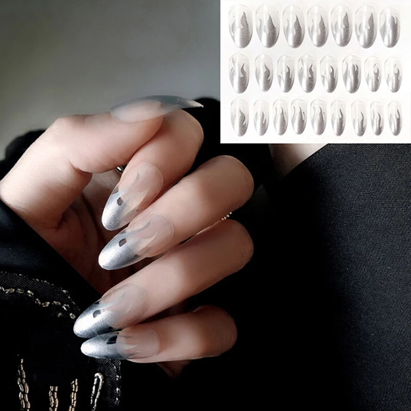 

24 PCS Extra Long Flame Style Fake Nails Stone Pattern Pointed Dark Shiny Long Press On False Nails For Finger With Glue