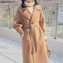 KoHuiJoo X-Long шерстяное Женское пальто весна осень прочный фонарь с рукавом шерстяное пальто Женская куртка с разрезом верхняя одежда розовый бежевый