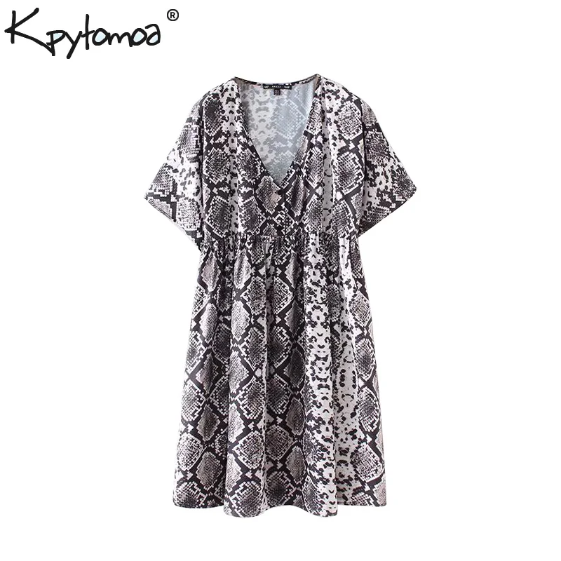 

Vintage Chic Snakeskin Printed Pleated Mini Dress Women 2018 Fashion V Neck Buttons Loose Ladies Dresses Casual Femme Vestidos