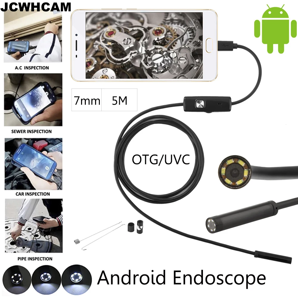 JCWHCAM 7mm Len 5M Android OTG USB endoskop fotoaparát flexibilní Snake USB Pipe inspekce Android telefon USB Borescope fotoaparát