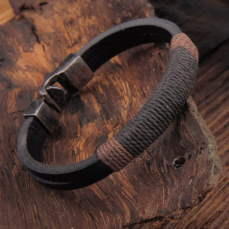 

New Surfer Mens Vintage Hemp Wrap Leather Wristband Bracelet Cuff Black Brown