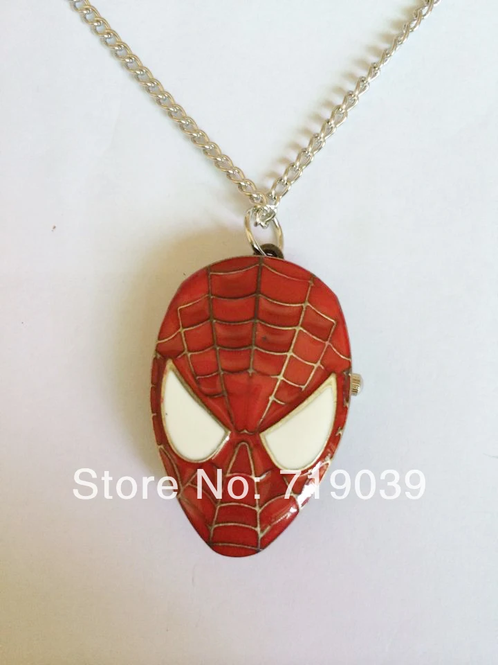 

2014 Hot wholesale 10pcs/lot vintage charm Movie jewelry red Spider-man pendant pocket watch necklace factory price