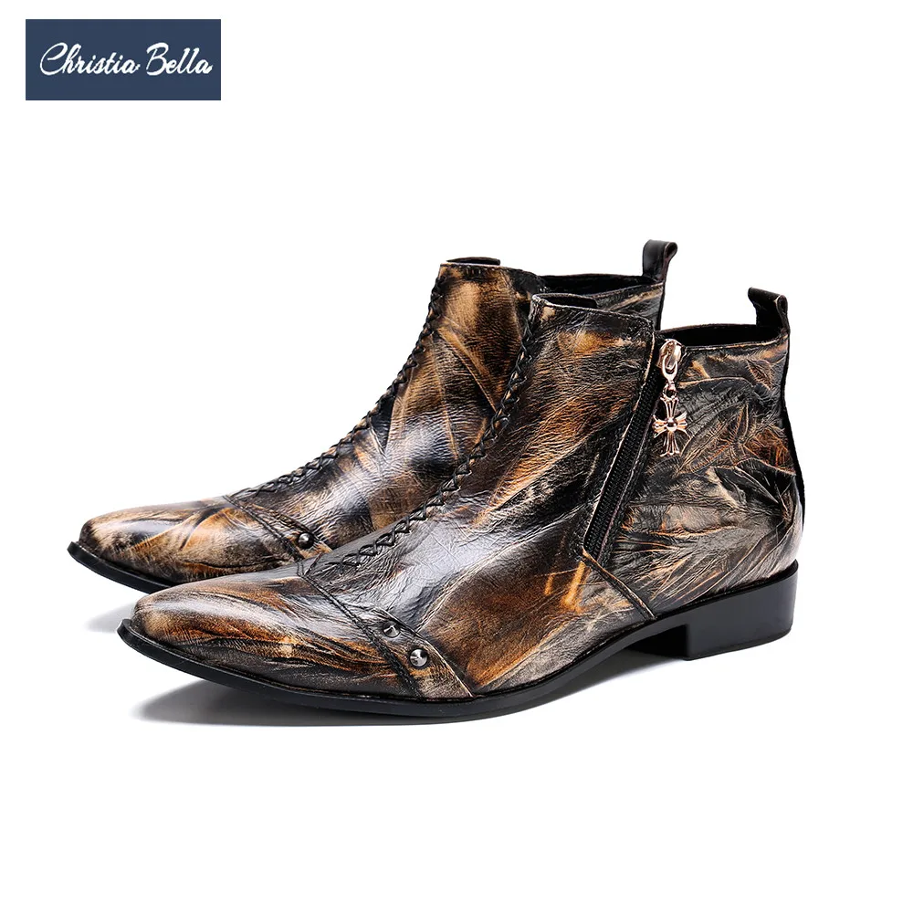 

Christia Bella Winter Autumn Fashion Men Boots Genuine Leather Ankle Boots Brown Plus Size Pointed Toe Party Dress Shoes Male
