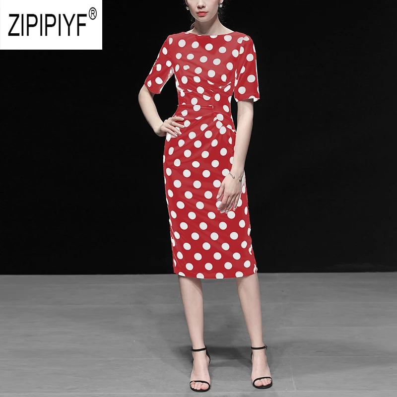 

Women Party Evening Women Dresses Dot Printing High Waist Bodycon Pencil Short Sleeve Dresses Chic Casual Elegant Dresses Z1325