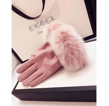 

Women's Autumn Winter Thicken Warm PU Leather touchscreen Gloves Female Brief genuine rabbit fur Driving Gloves R1097
