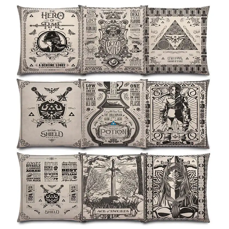 

The Legend of Zelda Link Chu Potion Poster Sword Shield Logo Hero Time Princess Vintage Tarot Good Cushion Cover Pillow Case