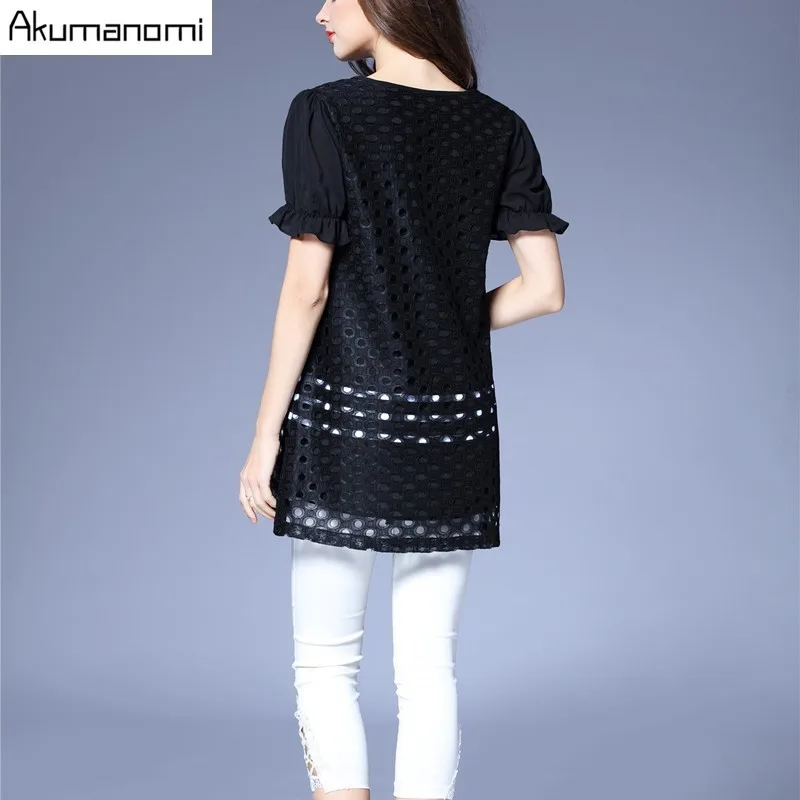 الصيف الدانتيل نقطة بلوزة النساء الملابس السوداء س الرقبة فانوس قصيرة الأكمام قميص قمم أزياء زائد حجم 5xl 4xl 3xl 2xl xl l