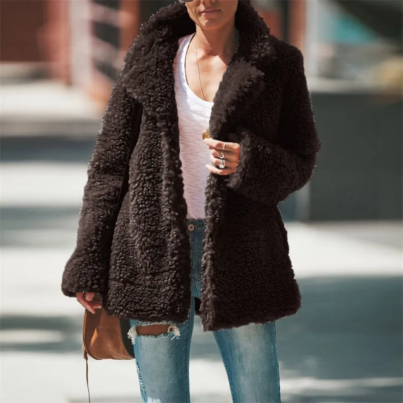 Осенне-зимняя Европейская и американская популярная плюшевая куртка женская модная однотонная верхняя одежда с длинными рукавами и отворотом Женское пальто
