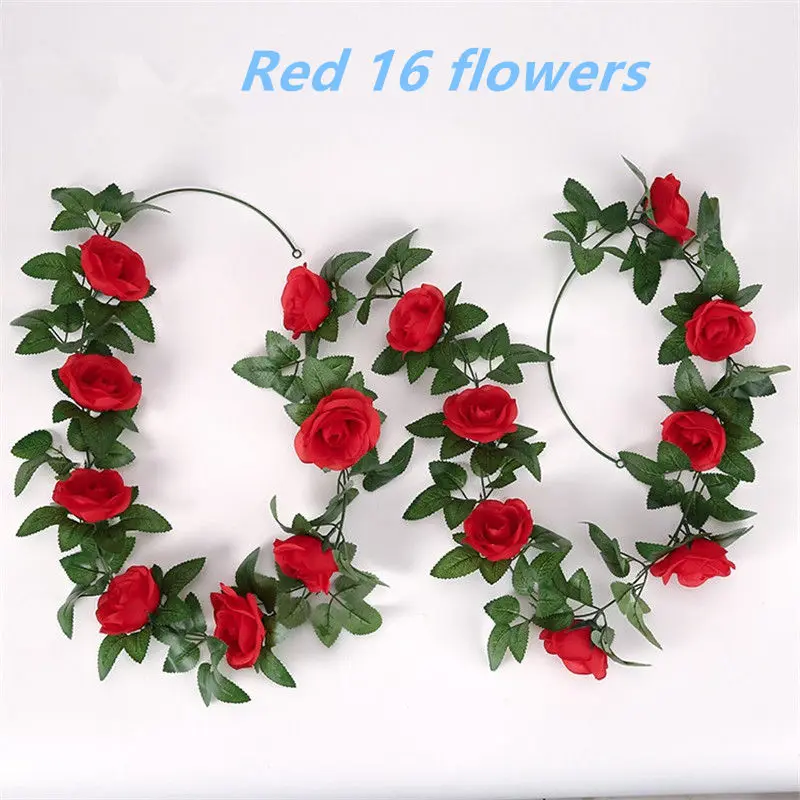 1pcs/lot 230-250cm Artificial Flowers Silk Roses Ivy Vine diy with Green Leaves Fake leaf artificial flowers for home decoration - Цвет: Red-16 flower