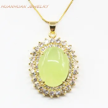 

Copper Gold-color Zircon Chain Necklace Pendant For Women 28x37mm Natural Green Stone Jades Chalcedony Pendants Jewelry B3314