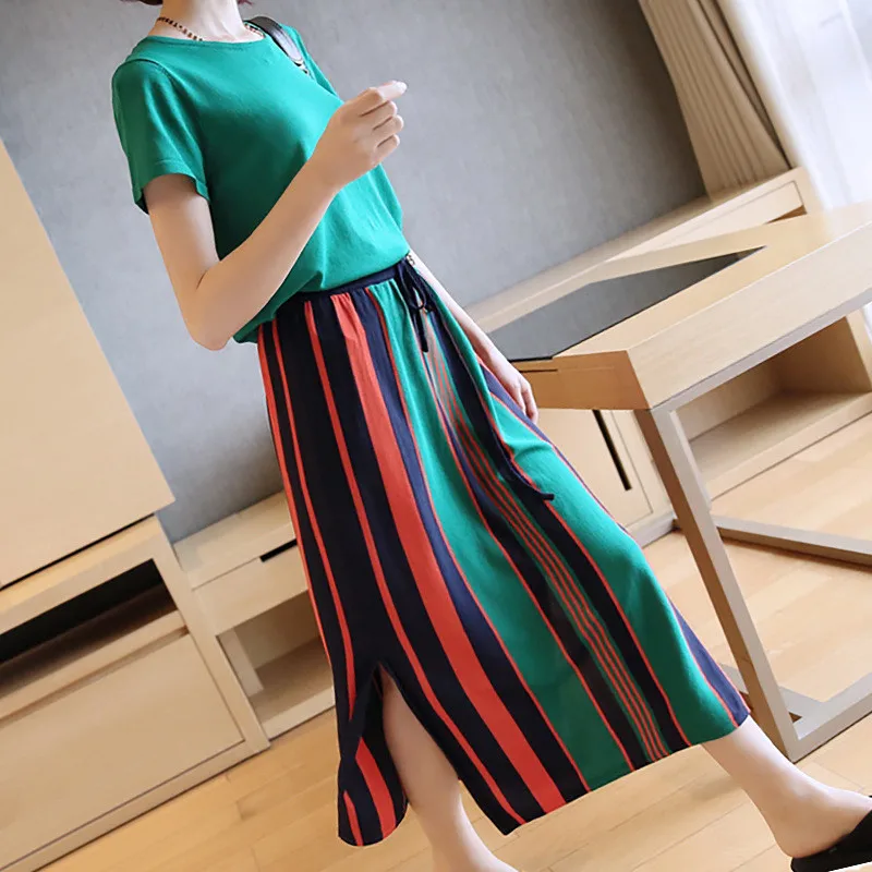 

2019 Women's Summer Suit Short-Sleeved Casual Knitting Top + Striped Maxi Skirt Two-Piece Sets Elegant Fashion loose Skirt A146