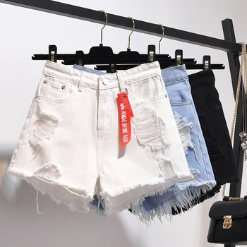 

High-waist Jeans Shorts women summer new style of loose, hollow, large, fat mm wide-legged, hairy-edged A-shaped hot pants