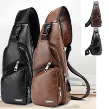 20 # hombres cuero pecho bolsos moda Vintage cremallera bolso de hombro bolsa de carga deportes Usb pecho bolsos cruzados para hombre al aire libre