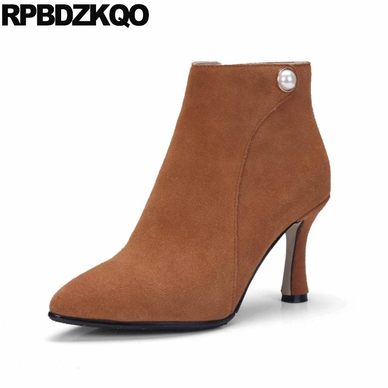 

Brown Thick Boots Fall Short Elegant Booties 2017 Luxury Brand Shoes Women Genuine Leather Pearl High Heel Suede Female Ankle