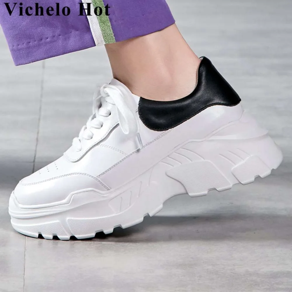 

Vichelo Hot full grain leather mixed colors high bottom lace up sneakers round toe popular white sneakers vulcanized shoes L7f9