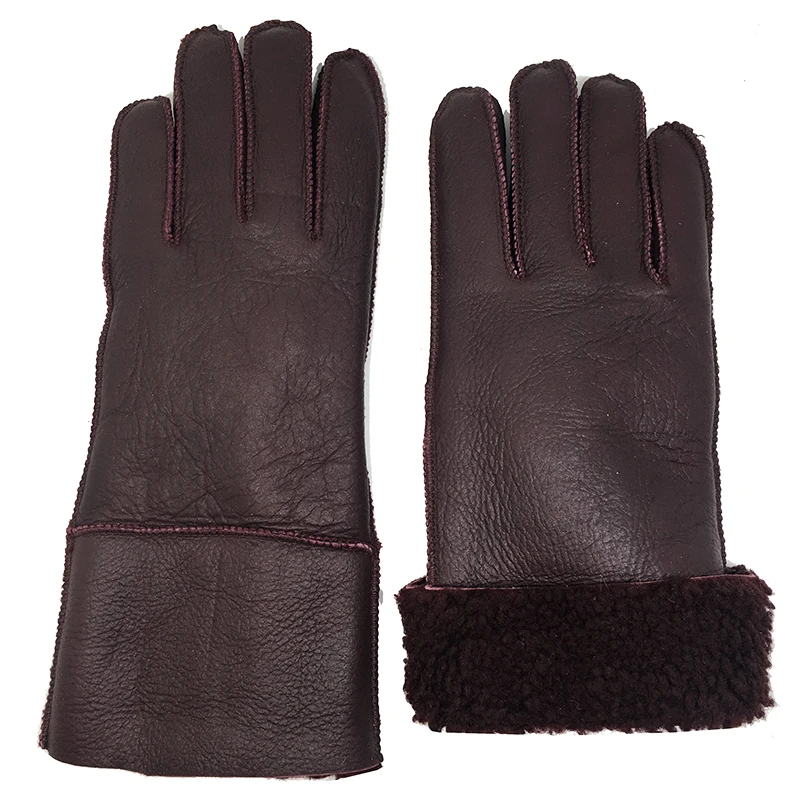 Wine Winter Women Gloves Real Wool Genuine Leather Sheepskin Gloves Solid Sheep Fur Mittens Elegant Warm Female Gloves N13