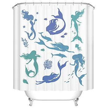 

Mermaids and Sea Life Mildew Resistant Polyester Fabric Shower Curtain Set With Hooks Bathroom Accessories