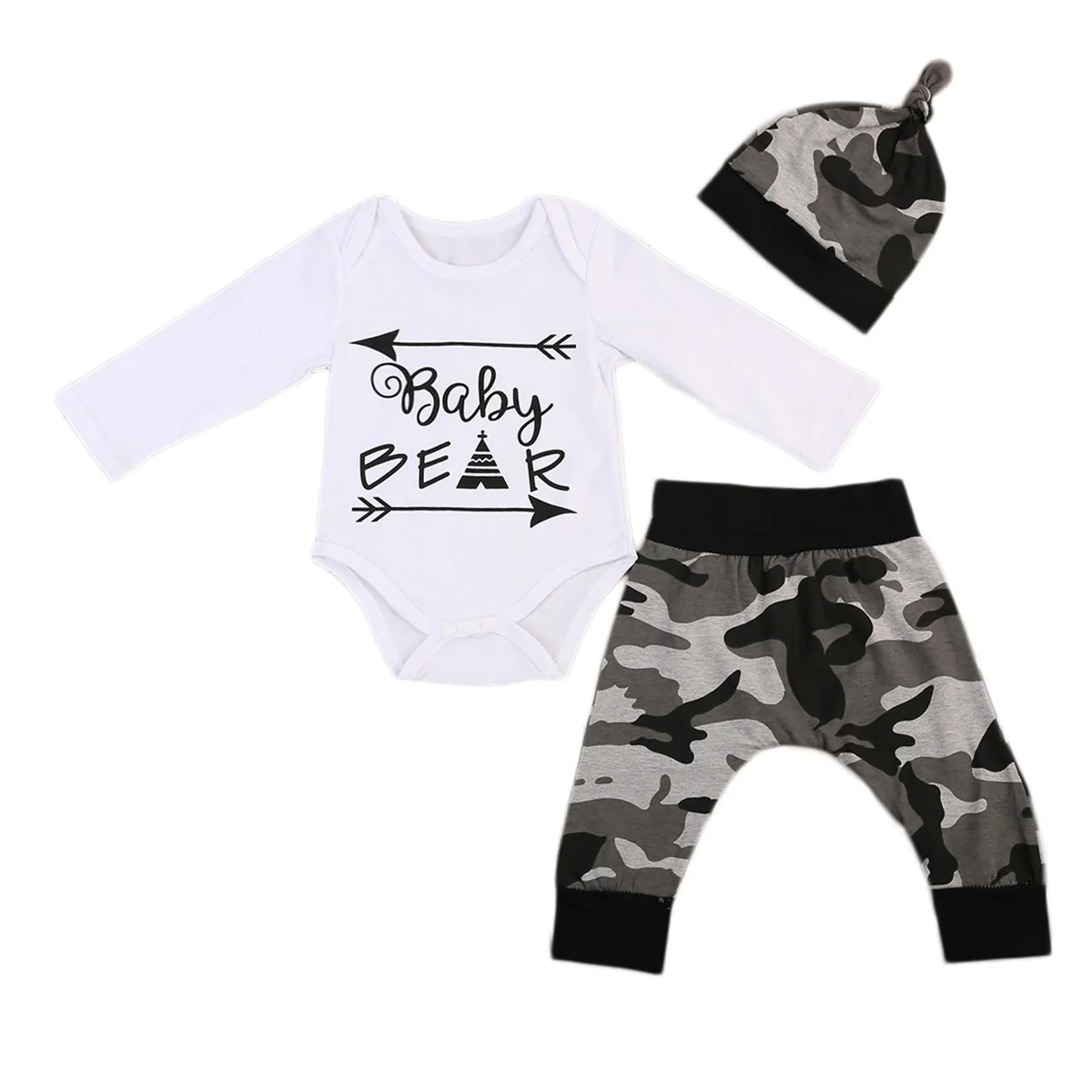 Baby Boy Bodysuit Tops Long Sleeve Harem Pants Hat Cotton Outfits