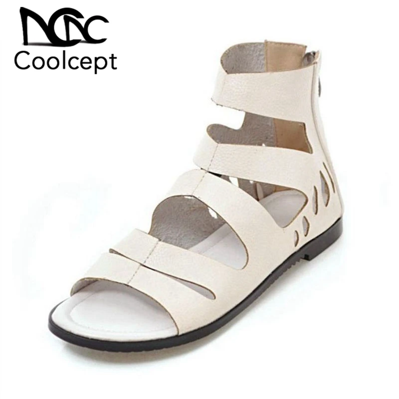 

Coolcept Size 28-52 Sexy Women Gladiator Flats Sandals Zipper Hallow Out Zipper Flats Sandals Summer Daily Soft Women Shoes