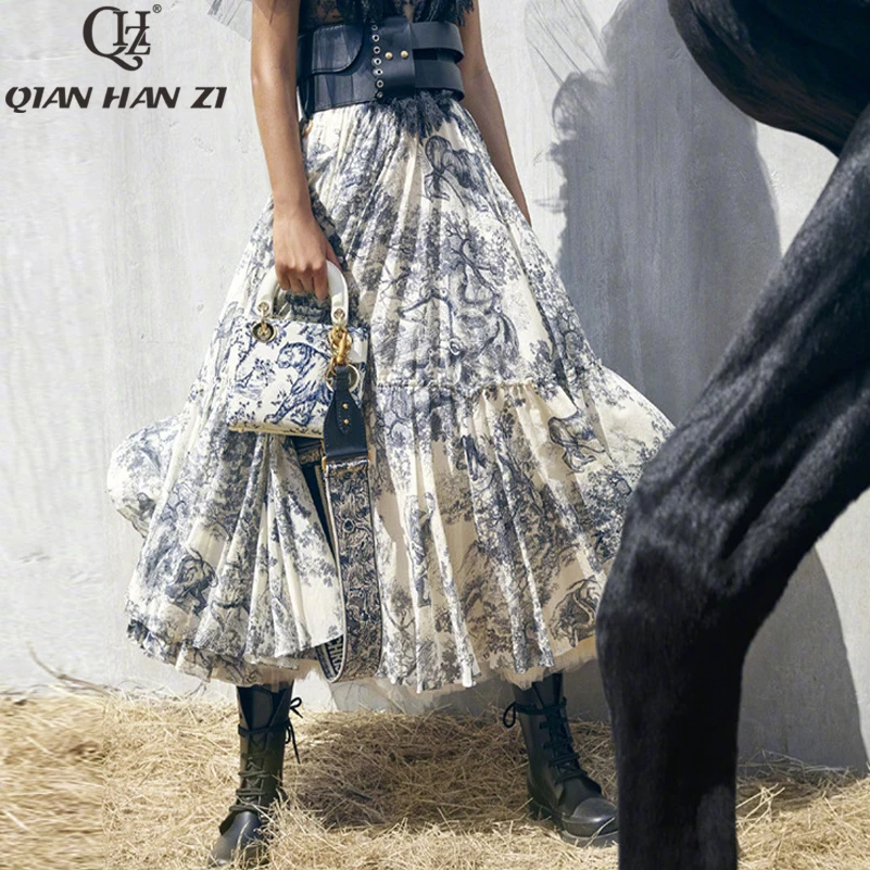 

Qian Han Zi 2019 spring/summer women 100%cotton Totem Print elegant Half skirt Comfortable Big pendulum Bohemia Half skirt