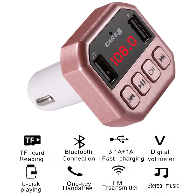

Dual USB 3.1A Phone Charger Car FM transmitter Bluetooth 4.2 Handsfree Stereo Mp3 Player U disk TF Card Play Digital Voltmeter