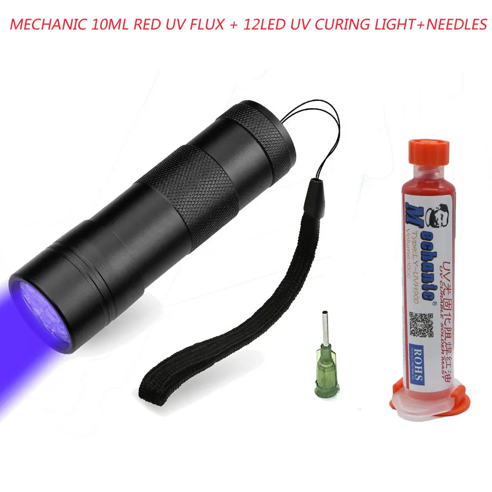 

MECHANIC 10ML RED UV SOLDER MASK PCB BGA PAINT PREVENT CORROSIVE ARCING Soldering Welding Fluxes Oil+ 12led UV curing light