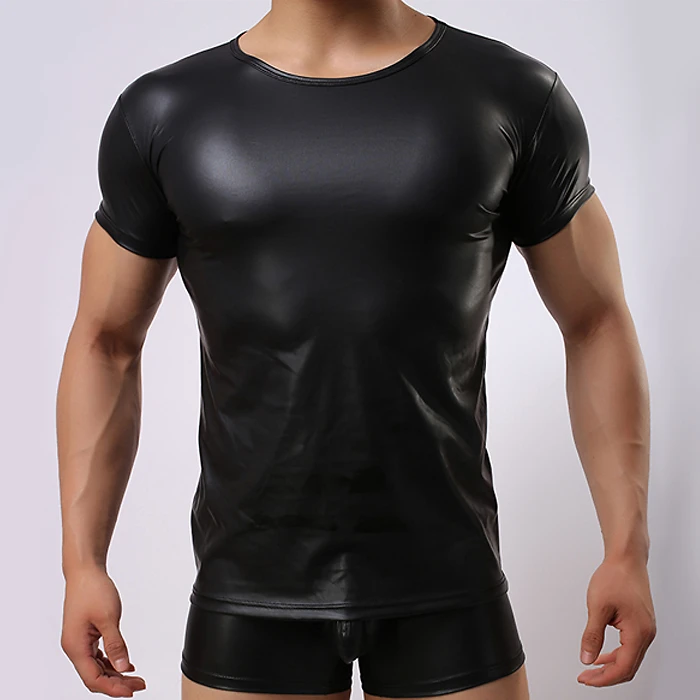 ファッション男性のブラックフェイクレザーシャツメンズカジュアル Tシャツ男性ブランド Tシャツトップス Tシャツの男革の Tシャツの男性 Shirt Piece Leather Neckshirt Paul Aliexpress