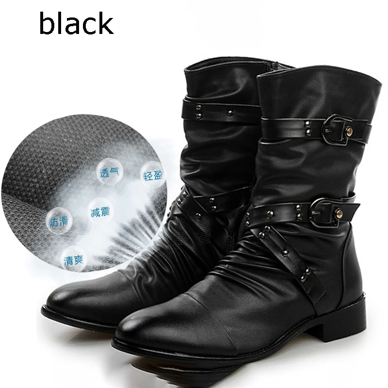 

Motorcycle boots Male Shoes Army Boots Men Military Boots 2019 Leather Winter Black cowboy snow Metal Gothic Punk Boots