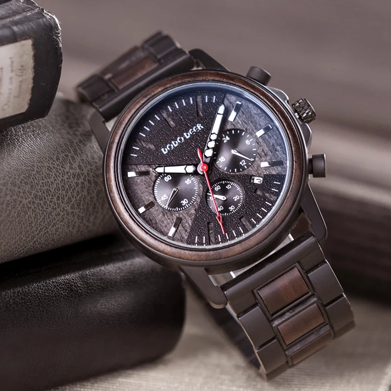 

Fashion Men Watches Male Creative Business Chronograph Sport Date Quartz Clock Stainless Steel Wood Strap Casual Waterproof C09