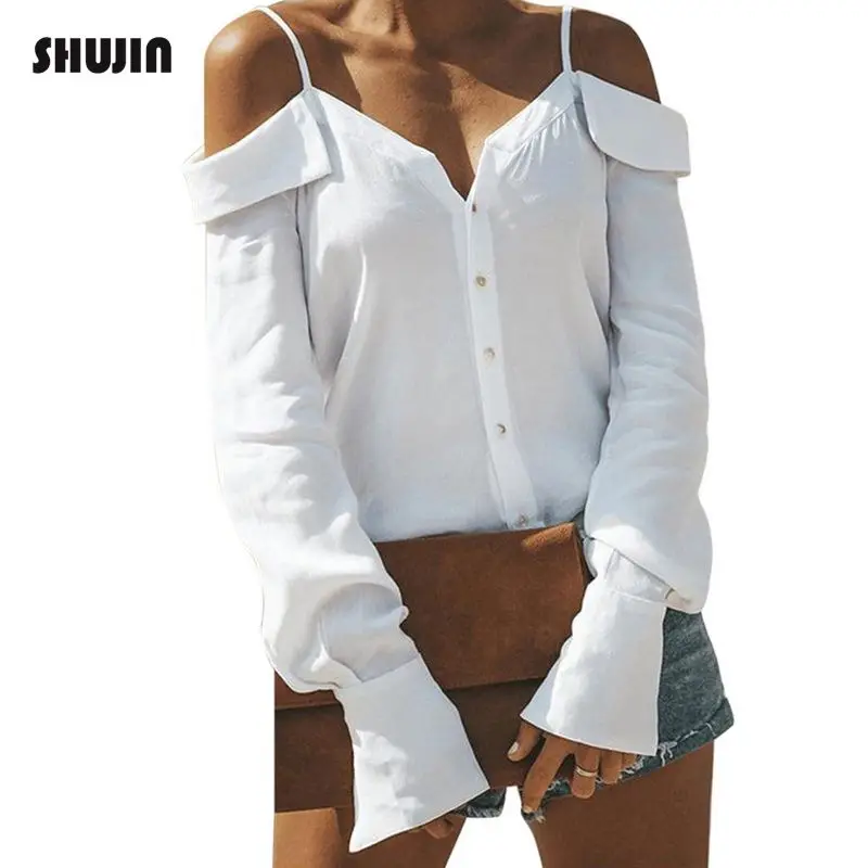 SHUJIN 2022 Sexy Spaghetti Strap Blouses Autumn Women  Neck Long Sleeve Button Shirts Elegant Mujer Camisas Blusa Tops