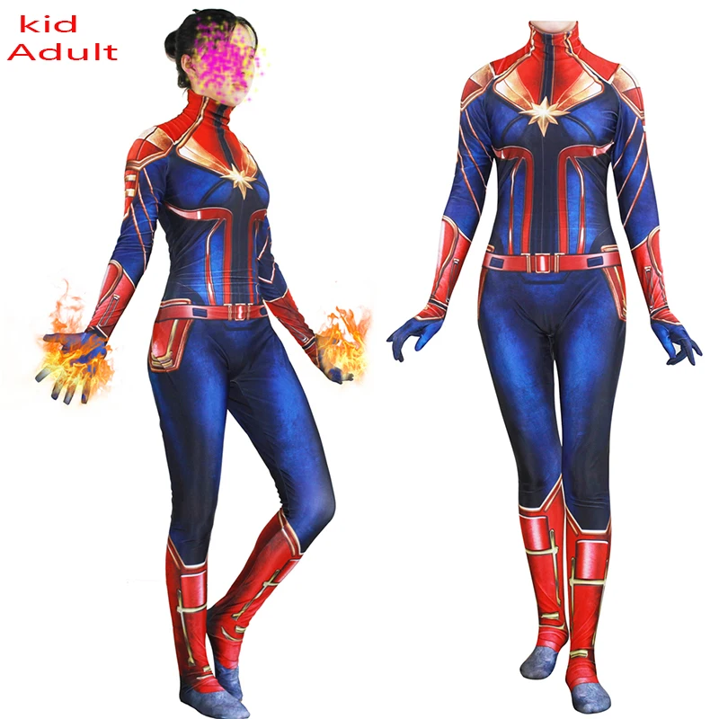 

Newest Captain For Kid Adult Marvel Cosplay Tights Costume Carol Danvers Spandex Jumpsuit Lycra Full Body Bodysuit Halloween