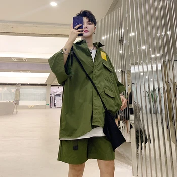 

22019 Summer New Explosion Models Recommended Patch Multi-bag Solid Color Men's Five-point Sleeve Cardigan Shorts Casual Suit