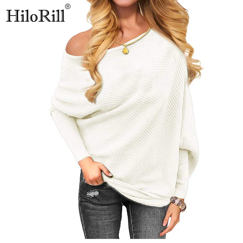 

Women Pullover Sweater 2019 Autumn Winter Knitted Sweater Jumper Sexy One Off Shoulder Loose Knitted Tops For Ladies Pull Femme