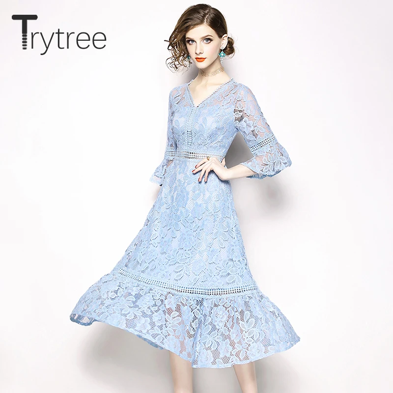 Trytree летнее осеннее платье элегантное кружевное повседневное однотонное синее с