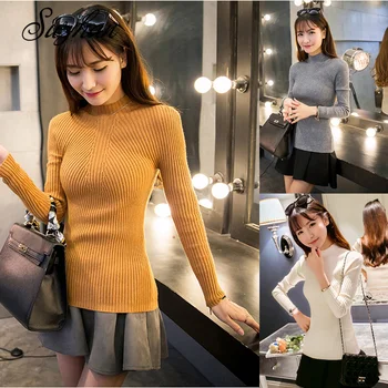 

Suzhan 2019 Knitted Sweater Women Stand Collar Long Sleeve Pullover Tops Loose Solid Knitted Tops Clothes