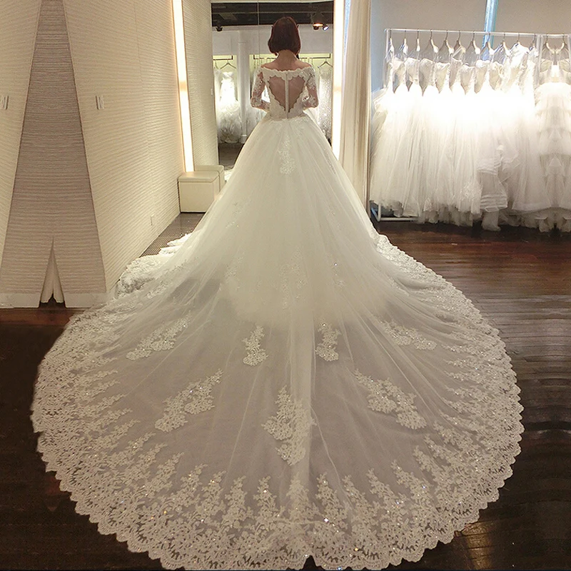 

New Luxury Wedding Dresses with Long Sleeve Lace Appliques Long Train Elegant White/Ivory Princess Formal Dress Bridal Gown