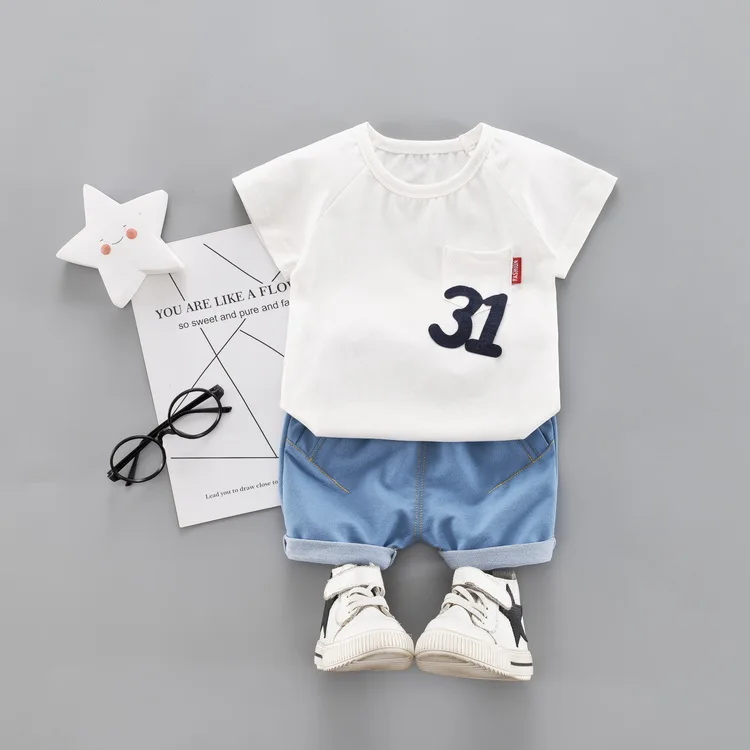 

Summer New Infant Clothing Suits Number Fruit Pattern Round Neck Cotton Short-Sleeved T-shirt+Denim Shorts Kids Clothes Bebes
