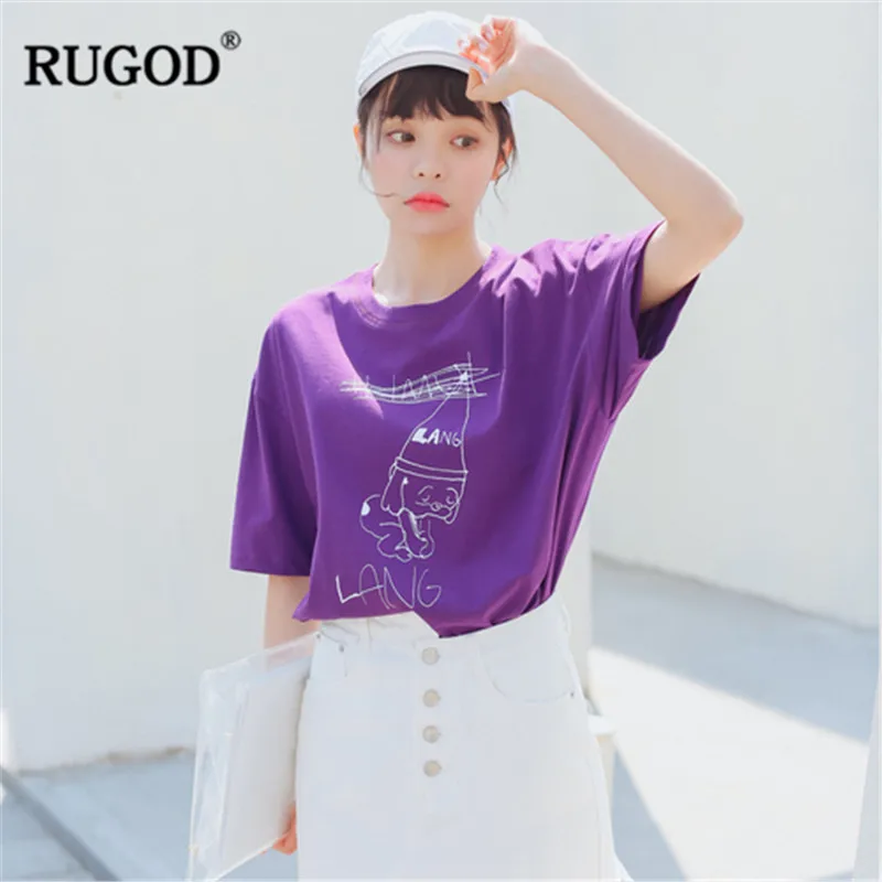 RUGOD Harajuku стиль для женщин футболка Свободные мультфильм печати О образным вырезом рубашка с короткими рукавами Повседневное уличная летн